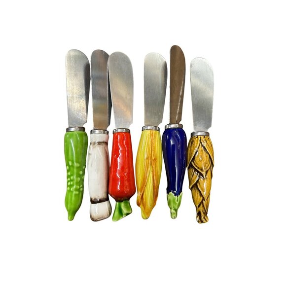 Set Of 6 Stainless Steel Cheese Spreaders W/ Hand-Painted Vegetable Handles - Picture 2 of 3